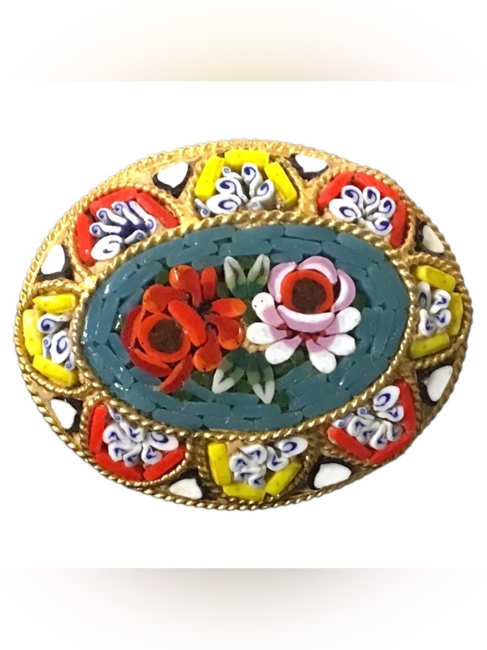 Vintage Micro-mosaic colourful floral brooch signed Italy